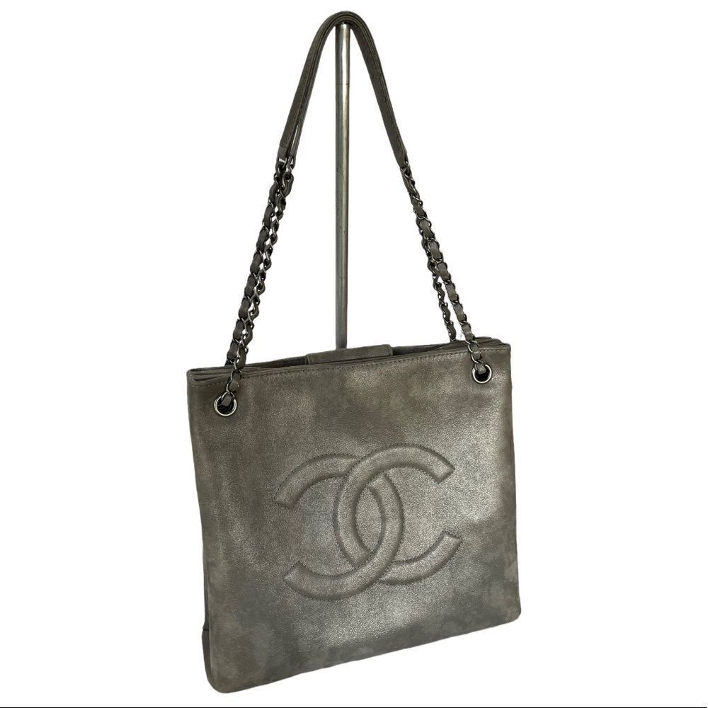 Chanel Large Iridescent Accordion Shopper Tote Handbag Calfskin Logo Silver